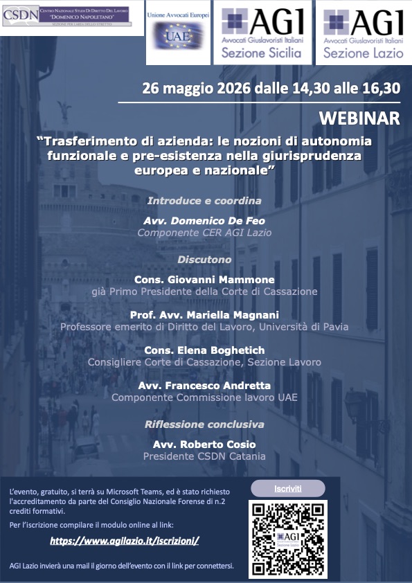 Materiale didattico del Webinar 26.5.26 “Trasferimento di azienda: le nozioni di autonomia funzionale e pre-esistenza nella giurisprudenza europea e nazionale”